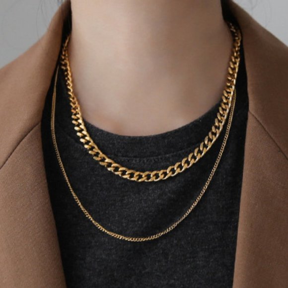 18K Gold Plated Double Layer Link Chain Necklace - Picture 2 of 8